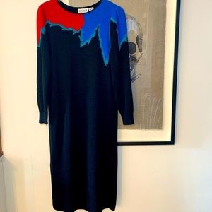Carole M vintage black knit dress with angora details, pops of colour Size small